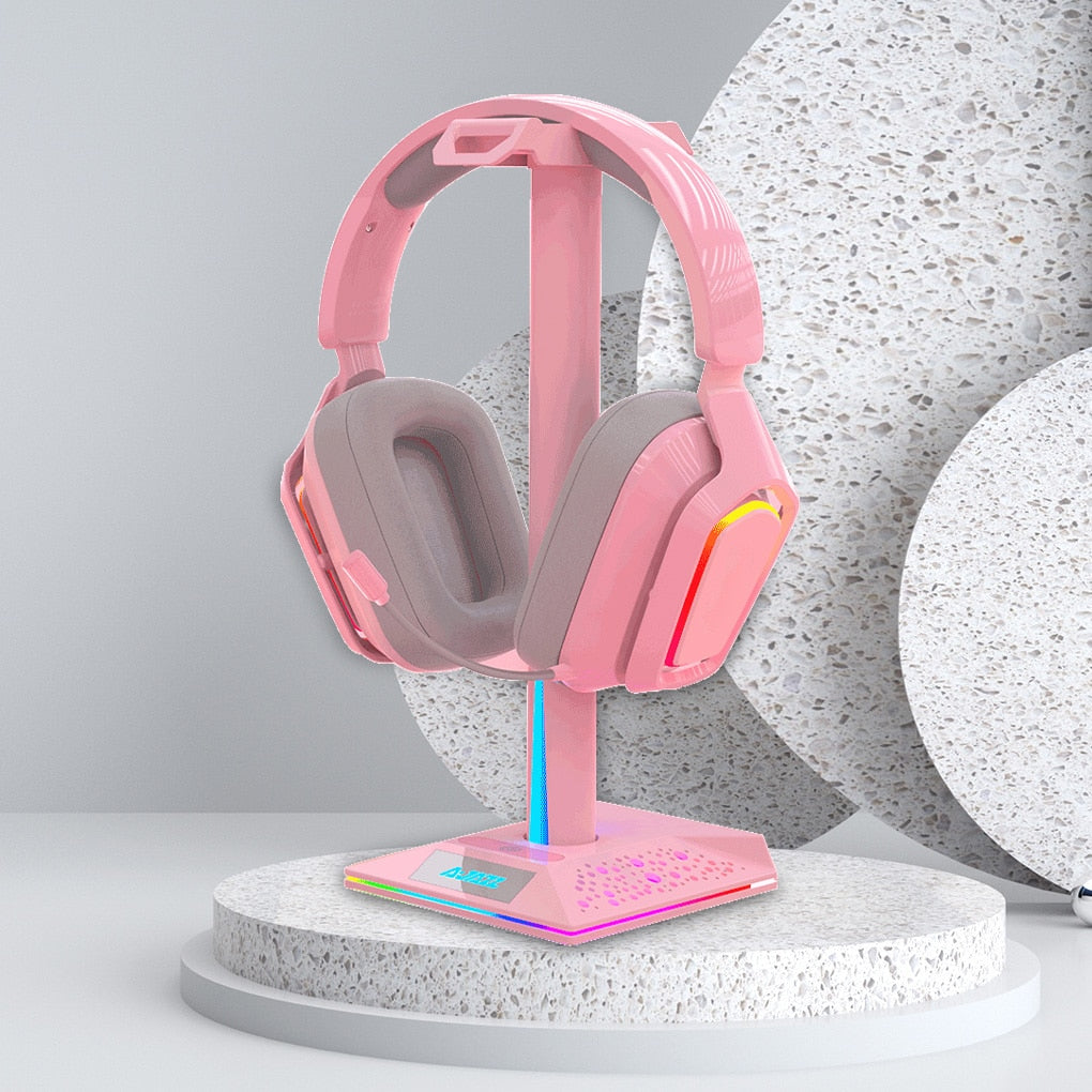 Headset Holder RGB Gamer Headphone Simple Display Earphones Holder with Dual USB 3.05mm AUX Ports Earphone Hanger Pink