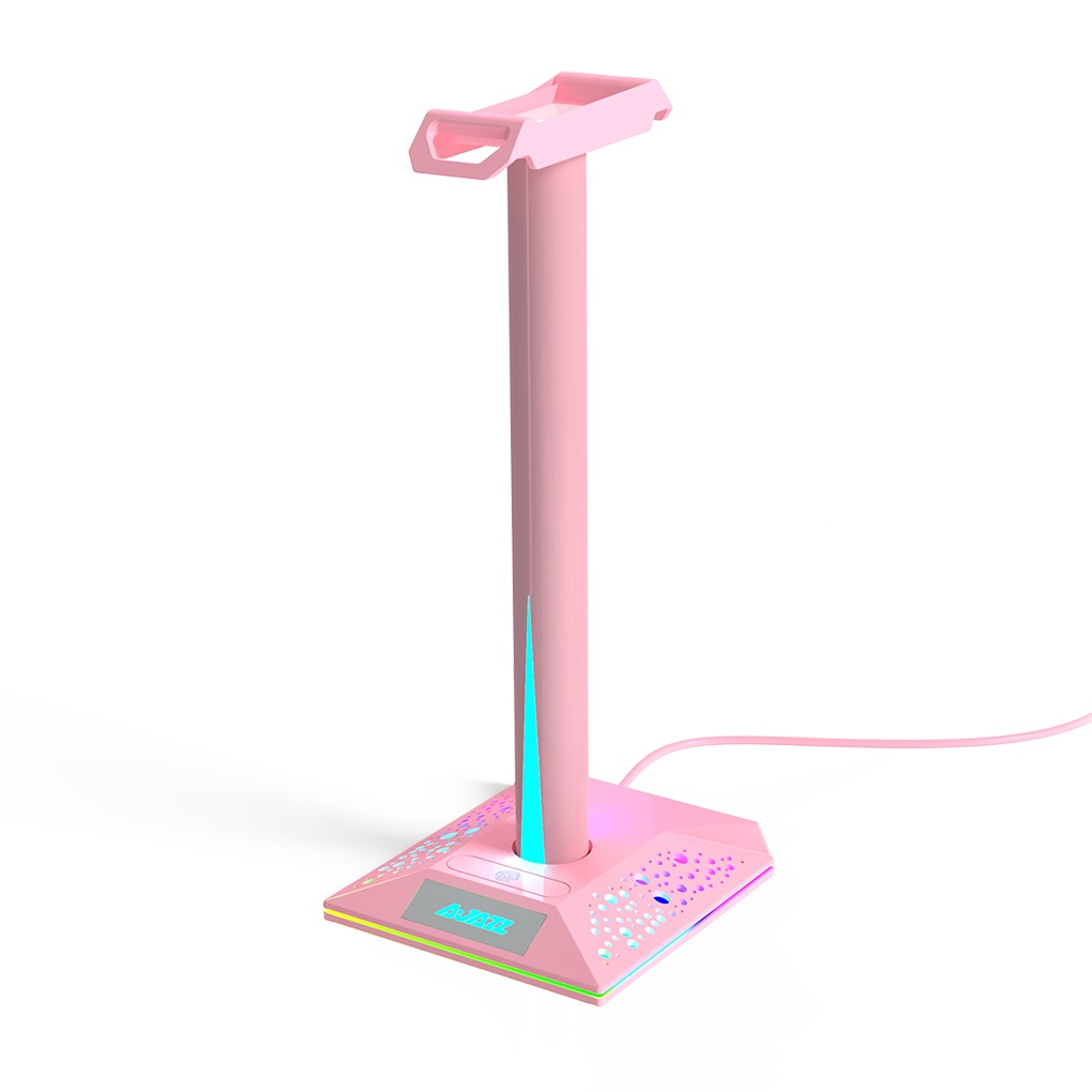 Headset Holder RGB Gamer Headphone Simple Display Earphones Holder with Dual USB 3.05mm AUX Ports Earphone Hanger Pink