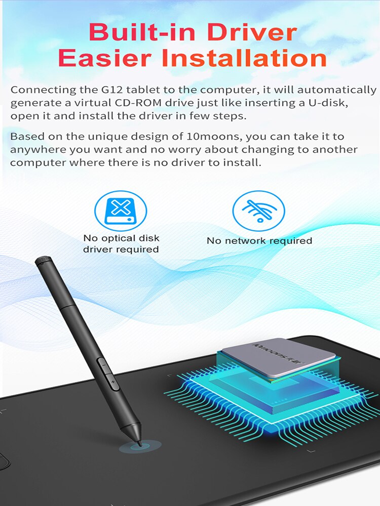 10moons G12 9.4*6 Inches Digital Drawing with 8192 Levels Pressure and Passive Pen 12 Express Keys Tablet Support Android Phone