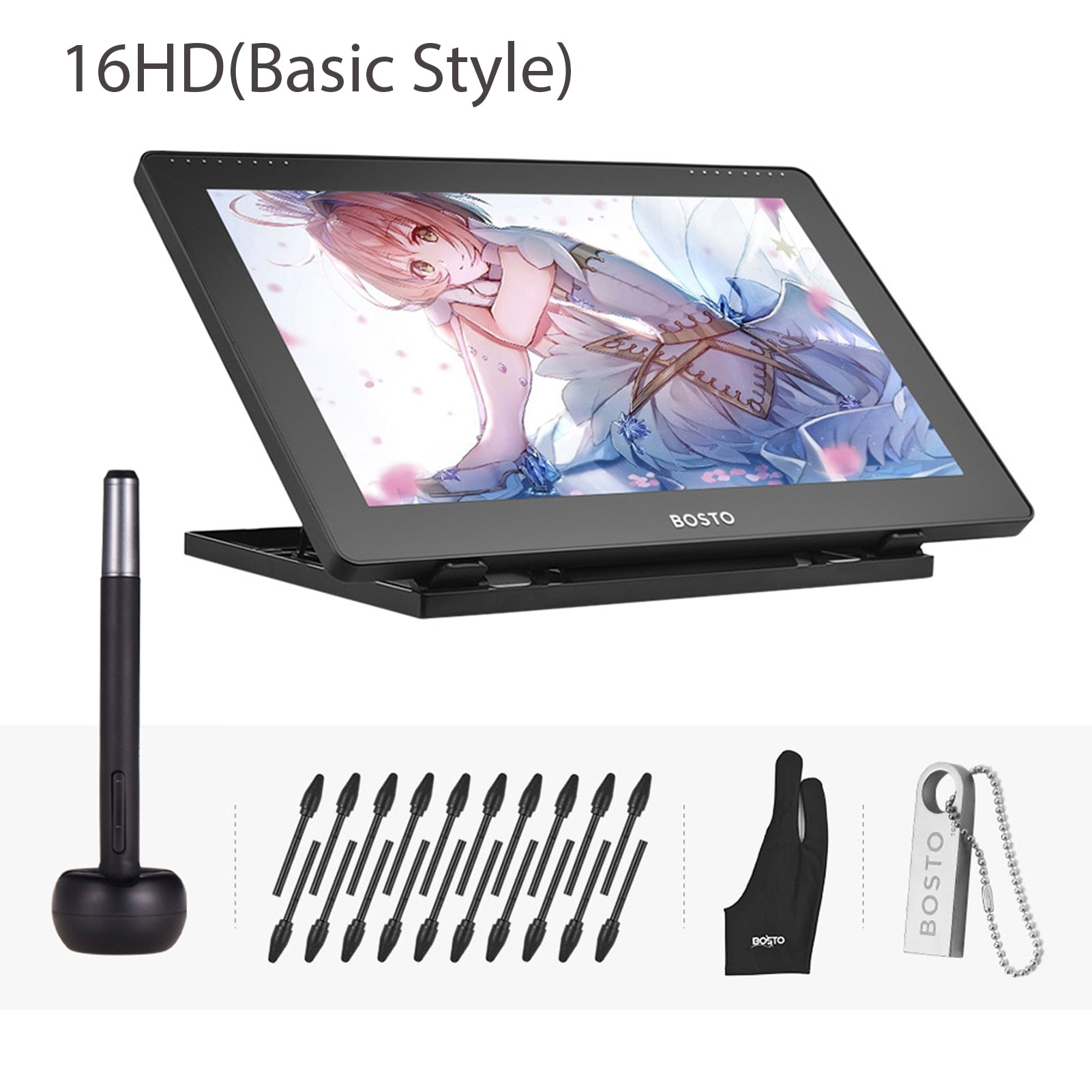 BOSTO 16HD 15.6 Inch IPS Graphics Drawing Digital Tablets Display Monitor 8192 Pressure Level with Rechargeable Stylus Pen