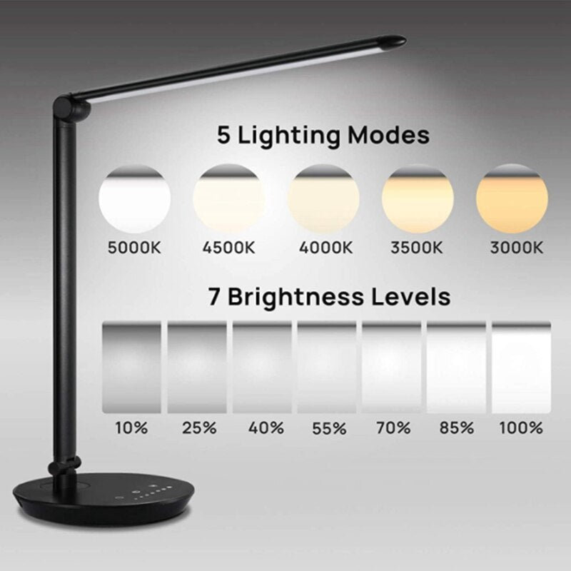 LED Desk Lamp,Eye-Caring Table Lamp Natural Light Protects Eyes Dimmable Office Lamp USB Charging Desk Lamp EU Plug