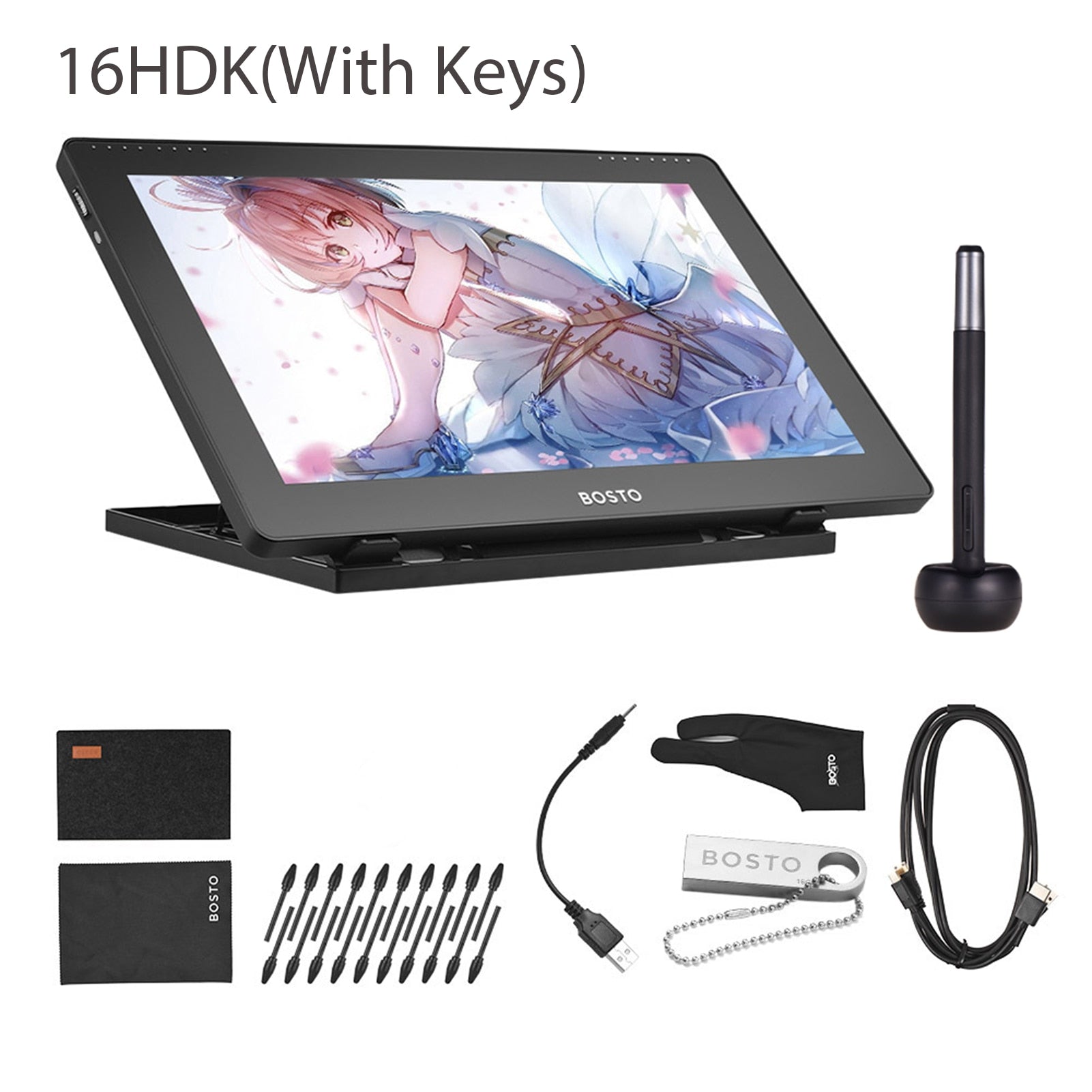 BOSTO 16HD 15.6 Inch IPS Graphics Drawing Digital Tablets Display Monitor 8192 Pressure Level with Rechargeable Stylus Pen