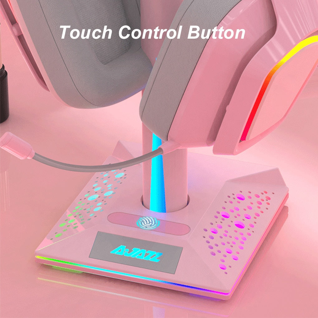 Headset Holder RGB Gamer Headphone Simple Display Earphones Holder with Dual USB 3.05mm AUX Ports Earphone Hanger Pink