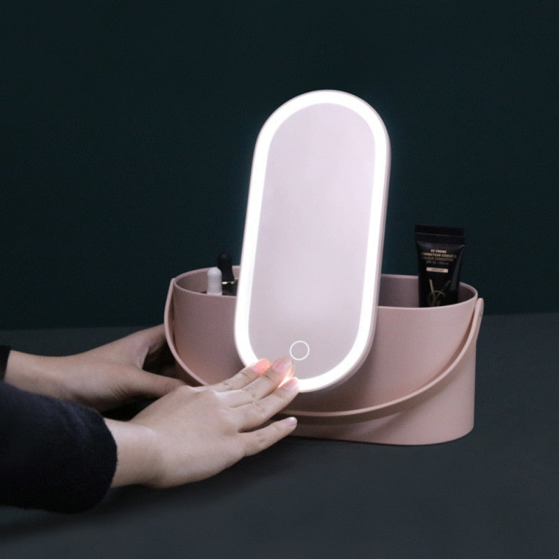Cosmetics Organizer With LED Lights Makeup Mirror 2 In 1 Portable Makeup Storage Box Case