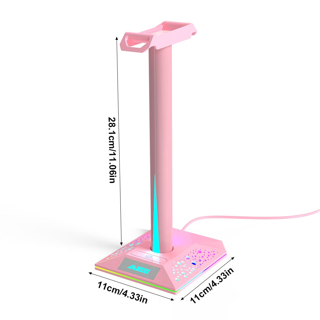Headset Holder RGB Gamer Headphone Simple Display Earphones Holder with Dual USB 3.05mm AUX Ports Earphone Hanger Pink