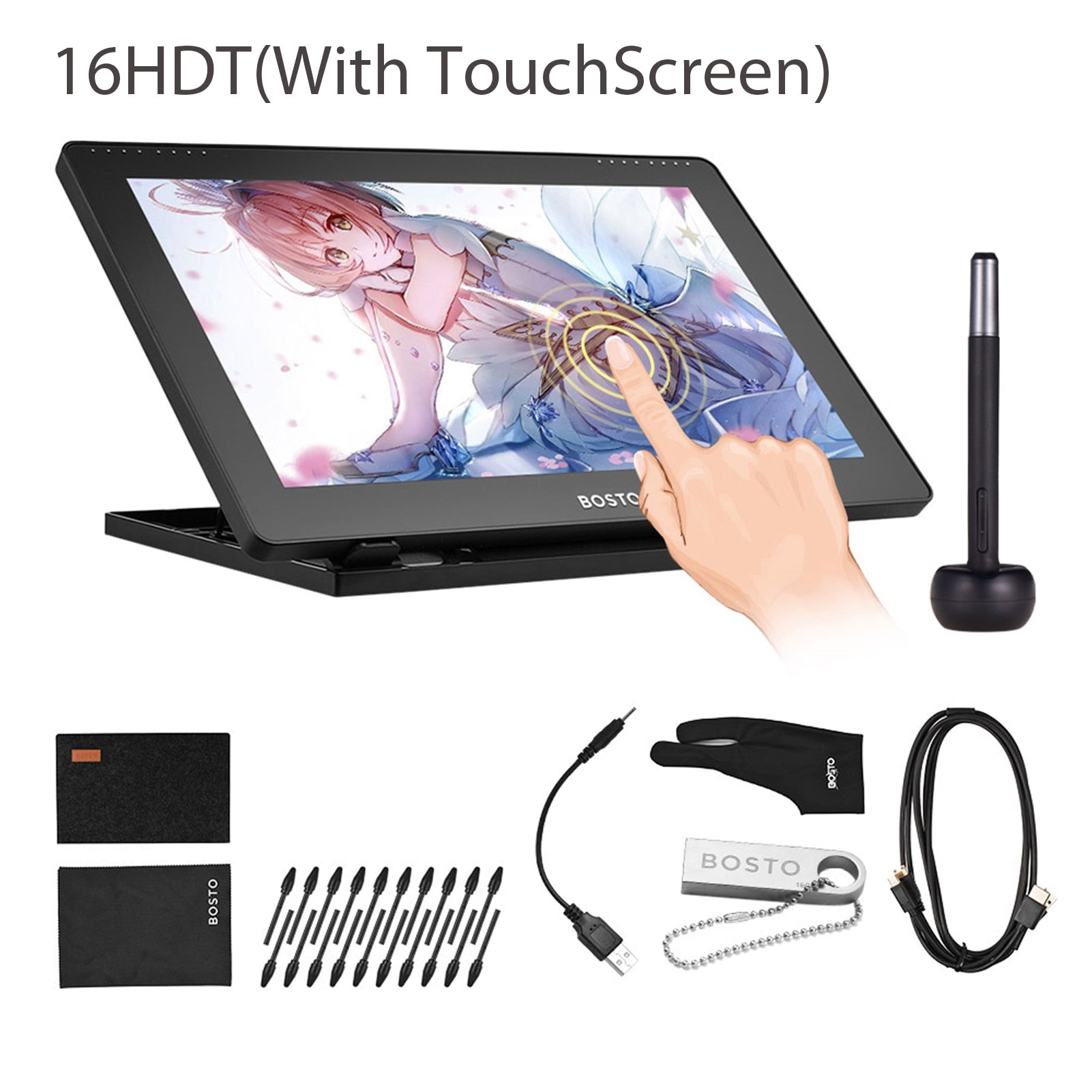 BOSTO 16HD 15.6 Inch IPS Graphics Drawing Digital Tablets Display Monitor 8192 Pressure Level with Rechargeable Stylus Pen