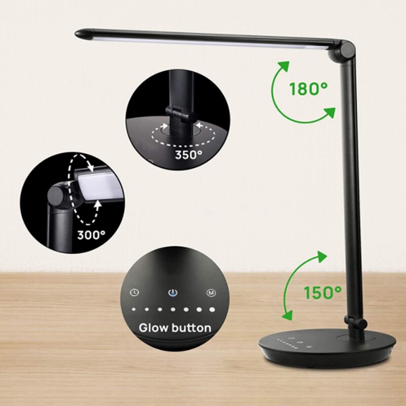 LED Desk Lamp,Eye-Caring Table Lamp Natural Light Protects Eyes Dimmable Office Lamp USB Charging Desk Lamp EU Plug