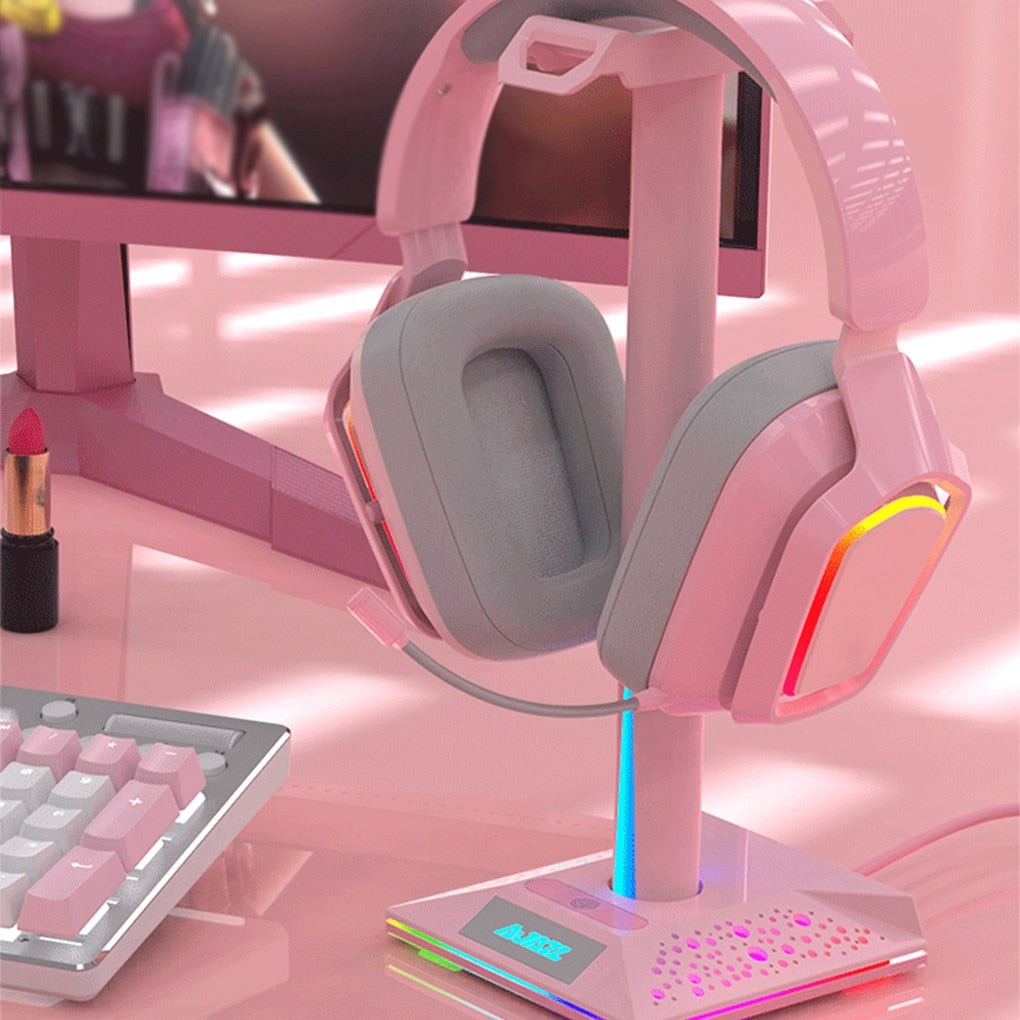 Headset Holder RGB Gamer Headphone Simple Display Earphones Holder with Dual USB 3.05mm AUX Ports Earphone Hanger Pink