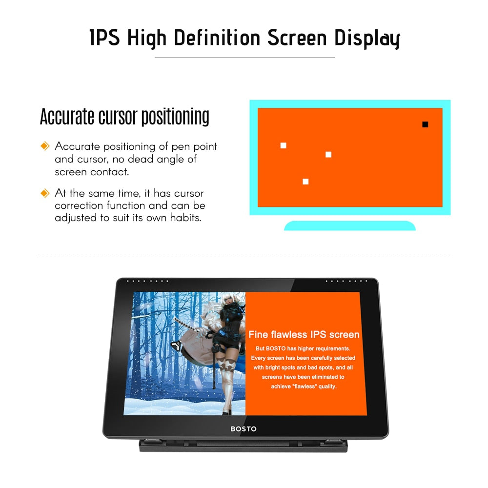 BOSTO 16HD 15.6 Inch IPS Graphics Drawing Digital Tablets Display Monitor 8192 Pressure Level with Rechargeable Stylus Pen