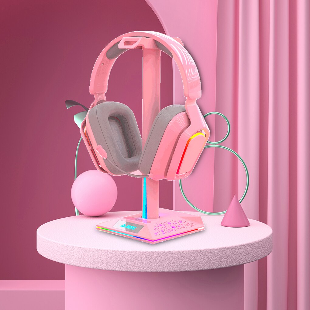 Headset Holder RGB Gamer Headphone Simple Display Earphones Holder with Dual USB 3.05mm AUX Ports Earphone Hanger Pink