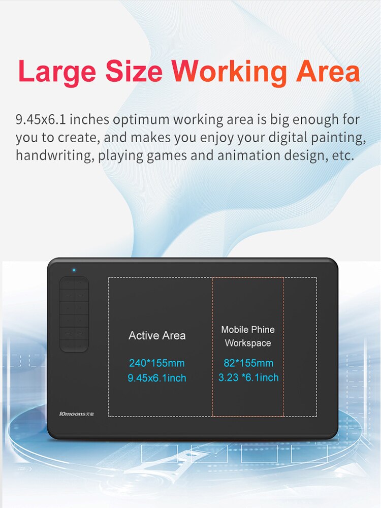 10moons G12 9.4*6 Inches Digital Drawing with 8192 Levels Pressure and Passive Pen 12 Express Keys Tablet Support Android Phone