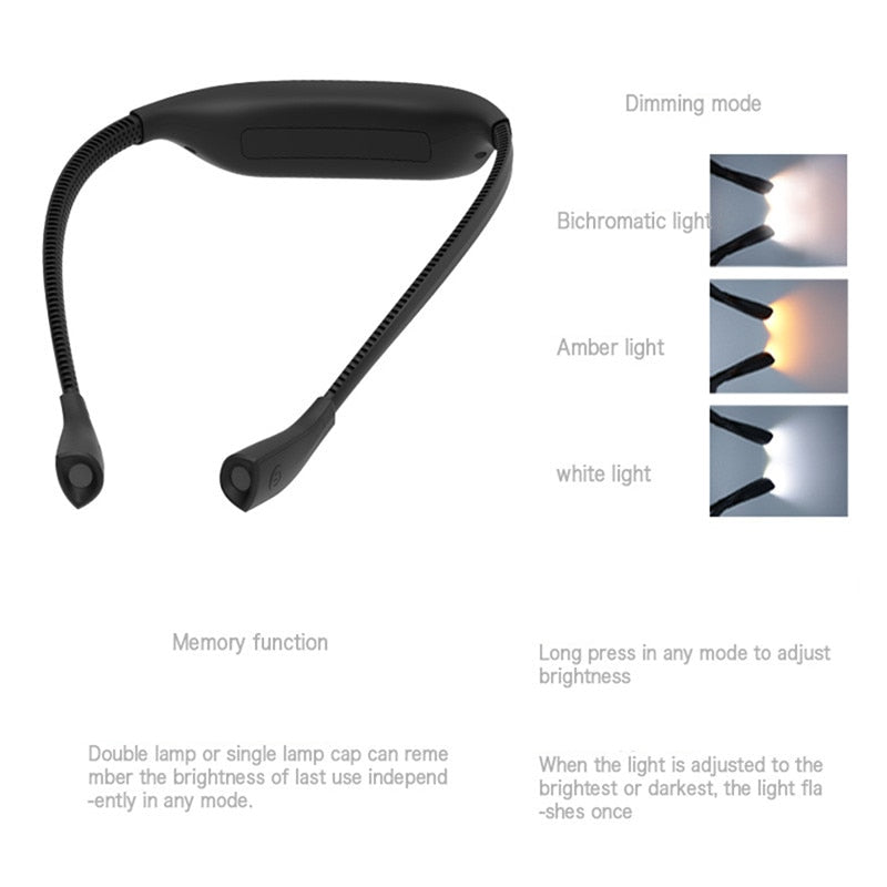 Dimmable LED Neck Light Book Reading Lamp 3 Colors Light Flexible Handsfree USB Rechargeable Led Neck Reading Light Flashlight