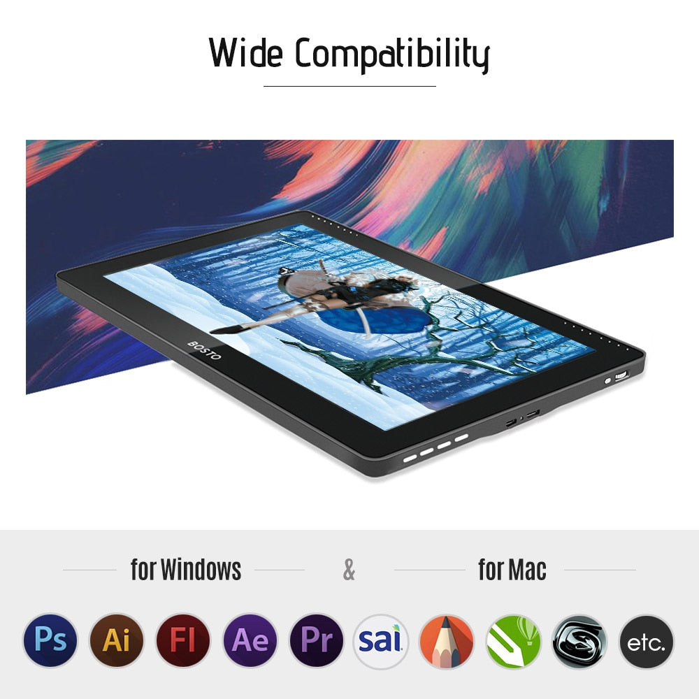 BOSTO 16HD 15.6 Inch IPS Graphics Drawing Digital Tablets Display Monitor 8192 Pressure Level with Rechargeable Stylus Pen