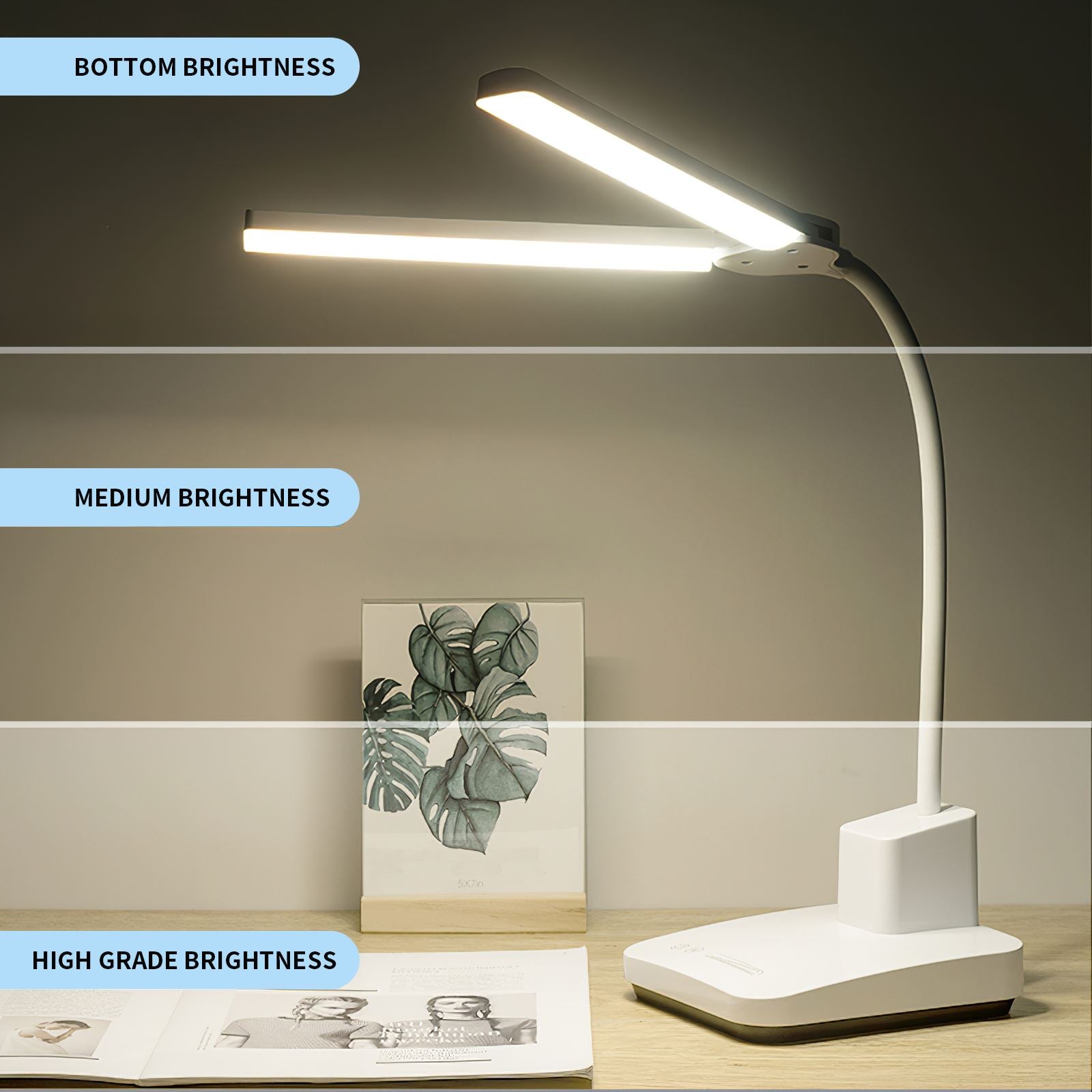 20 LEDs Double Head Desk Lamp White/Warm/Naturel Adjustable Table Light 180 Degrees Rotary Kids Reading Lamp USB Charging