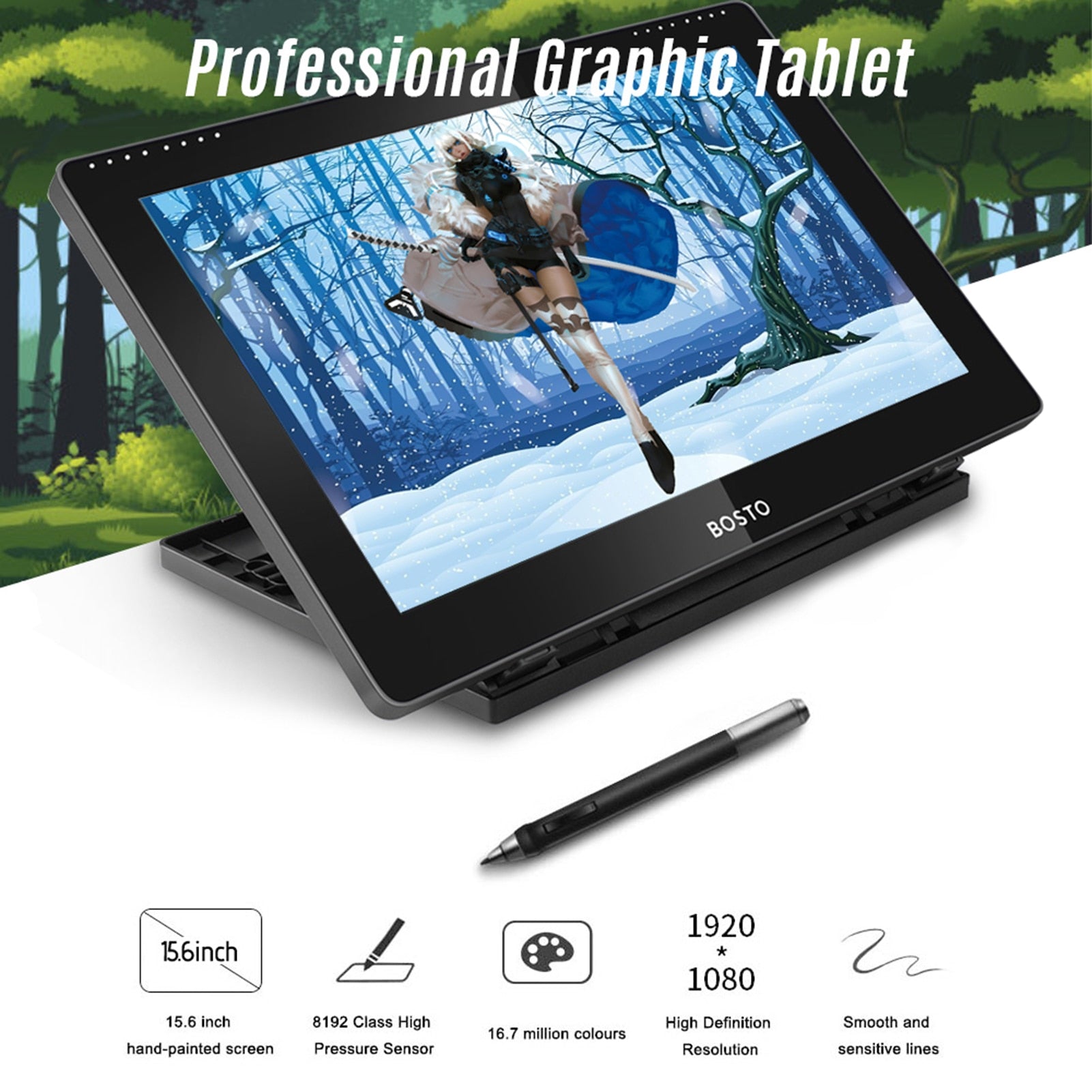 BOSTO 16HD 15.6 Inch IPS Graphics Drawing Digital Tablets Display Monitor 8192 Pressure Level with Rechargeable Stylus Pen