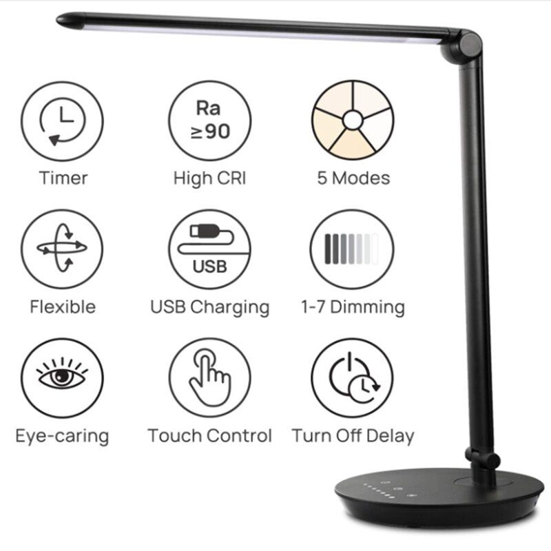 LED Desk Lamp,Eye-Caring Table Lamp Natural Light Protects Eyes Dimmable Office Lamp USB Charging Desk Lamp EU Plug