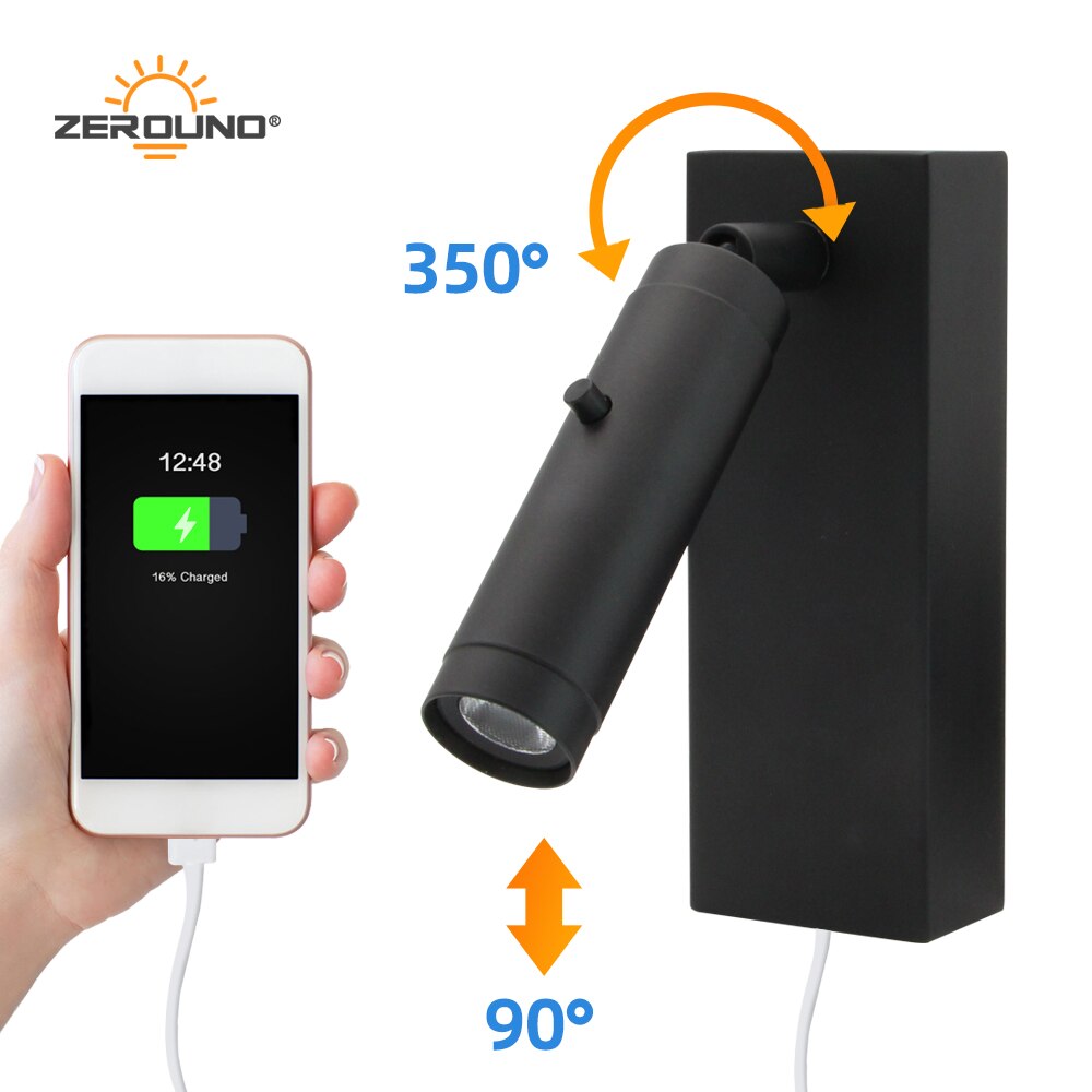 zerouno led book lamp bedside reading light head switch dc 5v 2a usb port smart phone charger surface mounted book lighting